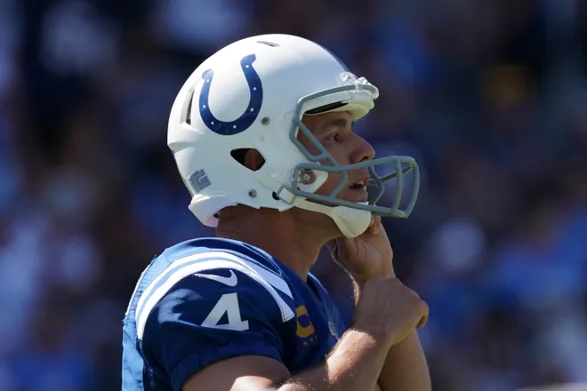 Sep 8, 2019; Carson, CA, USA; Indianapolis Colts kicker Adam Vinatieri (4) reacts after missing a field goal against the Los Angeles Chargers in the second half at Dignity Health Sports Park. The Chargers defeated the Colts 30-24 in overtime. Mandatory Credit: Kirby Lee-USA TODAY Sports