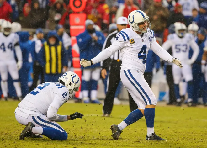 Jan 12, 2019; Kansas City, MO, USA; Indianapolis Colts kicker Adam Vinatieri (4) kicks an extra point against the Kansas City Chiefs in an AFC Divisional playoff football game at Arrowhead Stadium. Mandatory Credit: Jay Biggerstaff-USA TODAY Sports