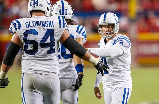 Indianapolis Colts kicker Adam Vinatieri (4) celebrates a field goal late in the fourth quarter of their game at Arrowhead Stadium in Kansas City, Mo., on Sunday, Oct. 6, 2019. The Colts won, 19-13.
Indianapolis Colts At Kansas City Chiefs In Nfl Week 5 Sunday Oct 6 2019