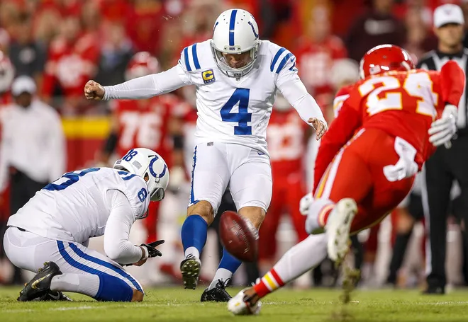 Indianapolis Colts kicker Adam Vinatieri (4) kicks a 39-yard field goal during the fourth quarter of their game at Arrowhead Stadium in Kansas City, Mo., on Sunday, Oct. 6, 2019. The Colts won, 19-13.
Indianapolis Colts At Kansas City Chiefs In Nfl Week 5 Sunday Oct 6 2019