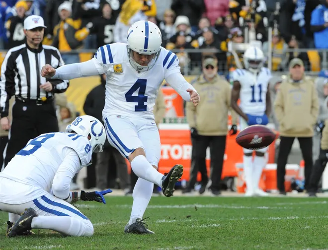 Nov 3, 2019; Pittsburgh, PA, USA; Indianapolis Colts kicker Adam Vinatieri (4) misses a field goal in the final minute against the Pittsburgh Steelers at Heinz Field. The Steelers won 26-24. Mandatory Credit: Philip G. Pavely-USA TODAY Sports