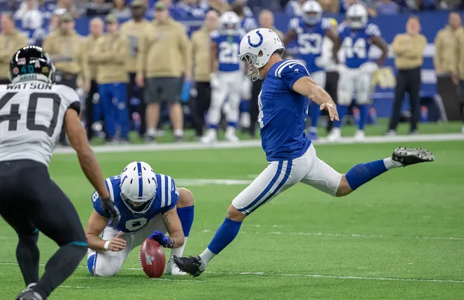 Adam Vinatieri of the Indianapolis Colts was perfect on the day, and puts in a field goal, during Jacksonville Jaguars at Indianapolis Colts, Lucas Oil Stadium, Indianapolis, Nov. 17, 2019. Colts won 33-13.
Jaguars At Colts