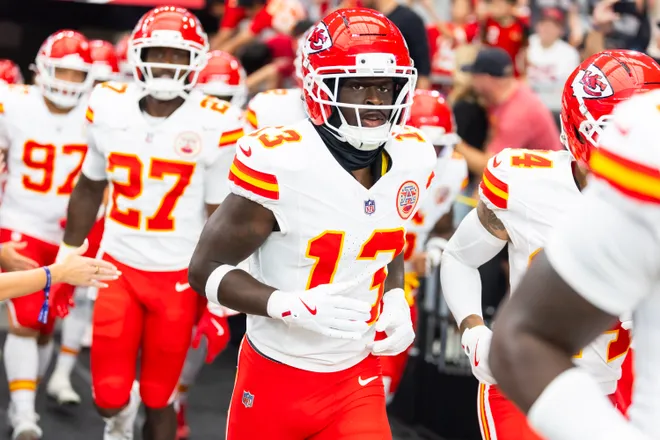 Aug 9, 2025; Glendale, Arizona, USA; Kansas City Chiefs safety Nazeeh Johnson (13) against the Arizona Cardinals during a preseason NFL game at State Farm Stadium. Mandatory Credit: Mark J. Rebilas-Imagn Images