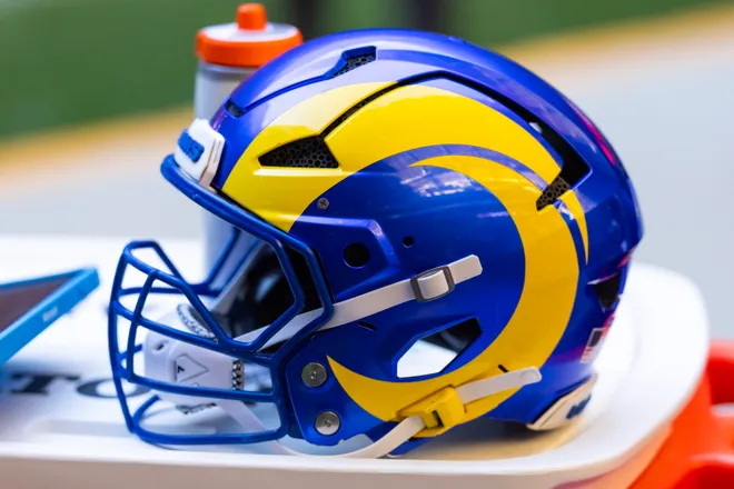 Detailed view of a Los Angeles Rams helmet.