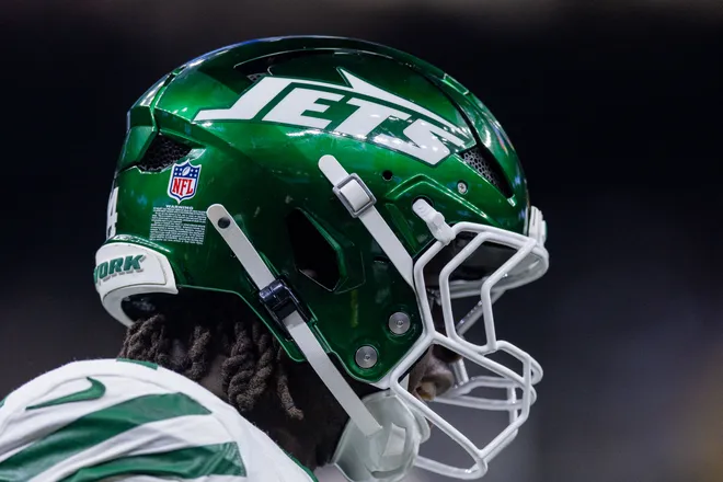 Detailed view of the New York Jets helmet.