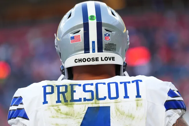 Detail view of the helmet worn by Dallas Cowboys quarterback Dak Prescott.