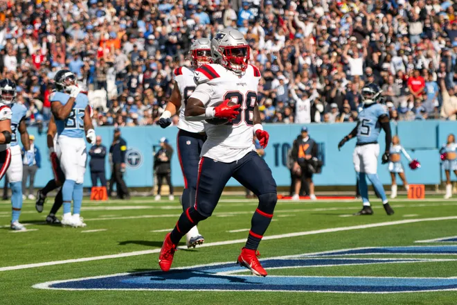 Oct 19, 2025; Nashville, Tennessee, USA; New England Patriots cornerback Alex Austin (28) scores a touchdown against the Tennessee Titans during the second half at Nissan Stadium. Mandatory Credit: Steve Roberts-Imagn Images