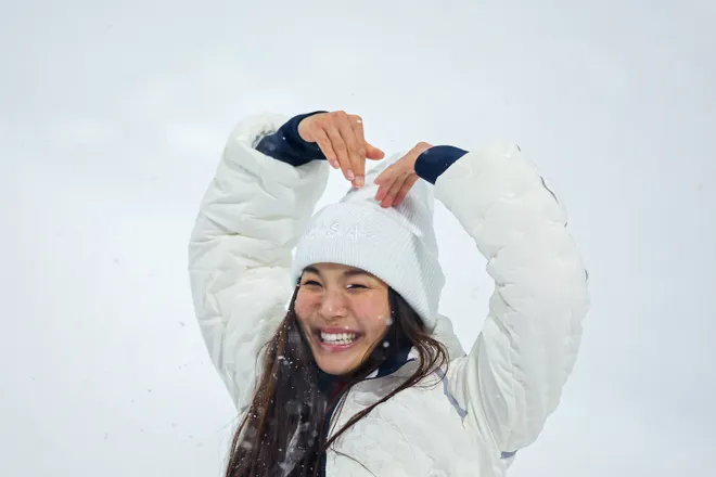 Silver medalist Chloe Kim of Team United States celebrates during the medal ceremony.