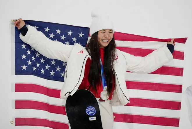 Chloe Kim of the United States celebrates her silver medal in the women's halfpipe final.