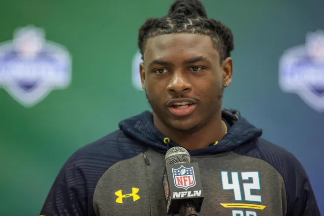 Minnesota defensive back Jalen Myrick speaks to the media during the 2017 combine at Indiana Convention Center.