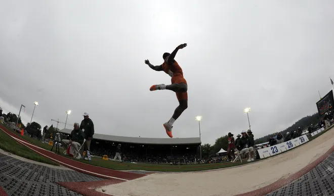 Marquise Goodwin of Texas won the long jump at 26-9 (81.5m) in the 2010 NCAA Track & Field Championships.