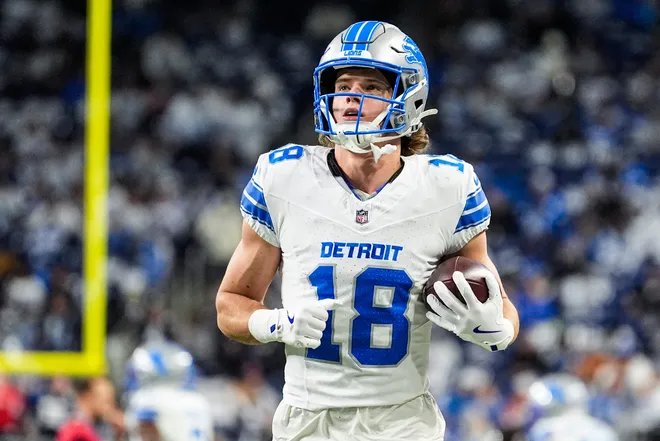 Detroit Lions wide receiver Isaac Teslaa (18) warms up before the Dallas Cowboys game at Ford Field in Detroit on Thursday, Dec. 4, 2025.