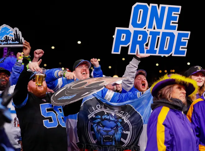 Detroit Lions fans cheer after the team selects Arkansas wide receiver Isaac TeSlaa with the 70th overall pick during the third round of the 2025 NFL Draft on Friday, April 25, 2025, at Lambeau Field in Green Bay, Wisconsin. The draft runs through April 26.
Tork Mason/USA TODAY NETWORK-Wisconsin