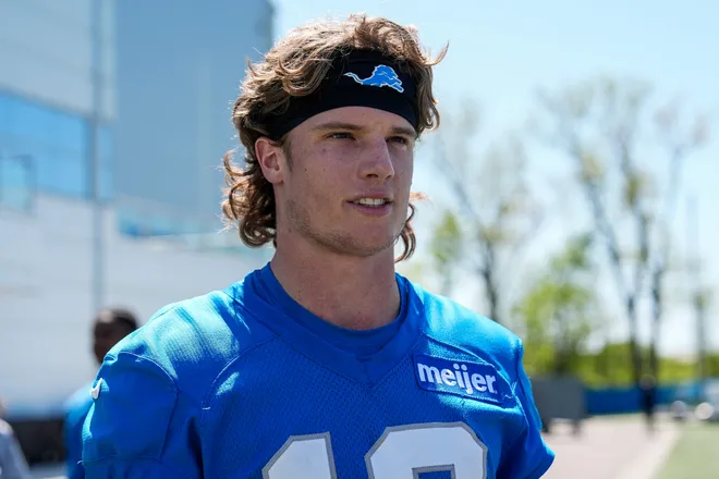 Detroit Lions wide receiver Isaac TeSlaa speaks after practice during rookie minicamp at Meijer Performance Center in Allen Park on Friday, May 9, 2025.