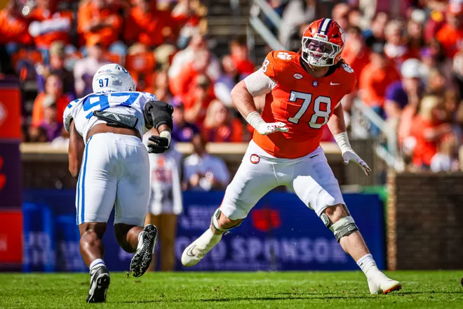 CLEMSON, SOUTH CAROLINA - NOVEMBER 01: Blake Miller #78 of the Clemson Tigers reads blocks the defense during the first half of a football game against the Duke Blue Devils at Memorial Stadium on November 01, 2025 in Clemson, South Carolina. (Photo by David Jensen/Getty Images)