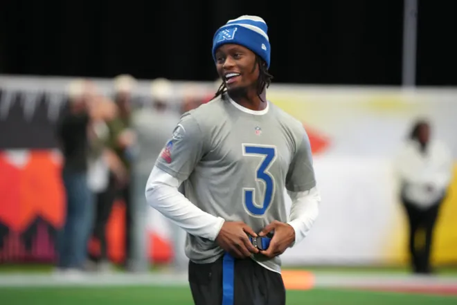 Feb 2, 2026; San Francisco, CA, USA; Dallas Cowboys receiver George Pickens during NFC practice at the NFL Flag Fieldhouse at Moscone Center South Building. Mandatory Credit: Kirby Lee-Imagn Images