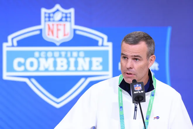 INDIANAPOLIS, INDIANA - FEBRUARY 24: General manager Brandon Beane of the Buffalo Bills speaks to the media during the 2026 NFL Scouting Combine at Lucas Oil Stadium on February 24, 2026 in Indianapolis, Indiana. (Photo by Justin Casterline/Getty Images)