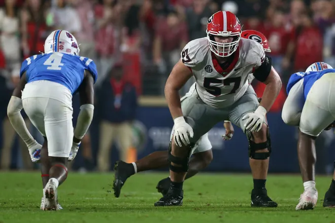 Nov 9, 2024; Oxford, Mississippi, USA; Georgia Bulldogs offensive lineman Monroe Freeling (57) lines up before the snap against the Mississippi Rebels during the second half at Vaught-Hemingway Stadium. Mandatory Credit: Petre Thomas-Imagn Images
