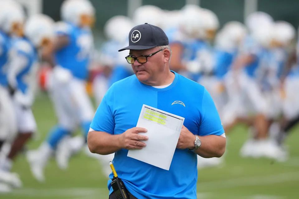 Jul 21, 2025; El Segundo, CA, USA; Los Angeles Chargers offensive coordinator Greg Roman at training camp at The Bolt. Mandatory Credit: Kirby Lee-Imagn Images