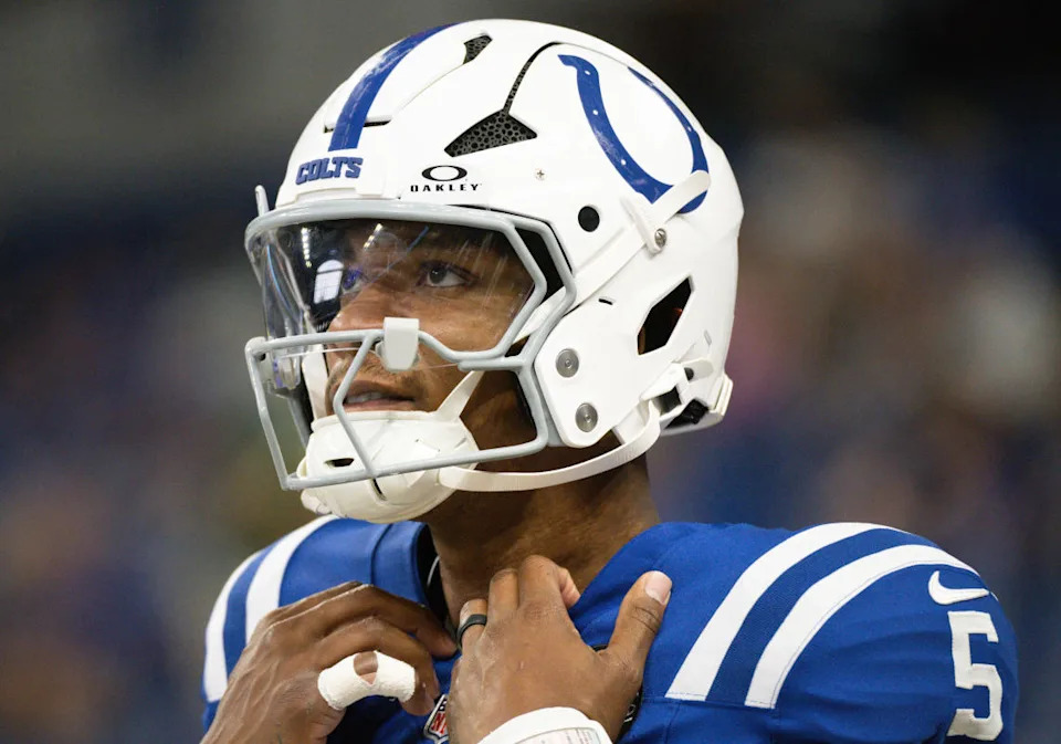 Aug 16, 2025; Indianapolis, Indiana, USA; Indianapolis Colts quarterback Anthony Richardson Sr. (5) during warmups prior to the game against the Green Bay Packers at Lucas Oil Stadium. Mandatory Credit: Robert Goddin-Imagn Images