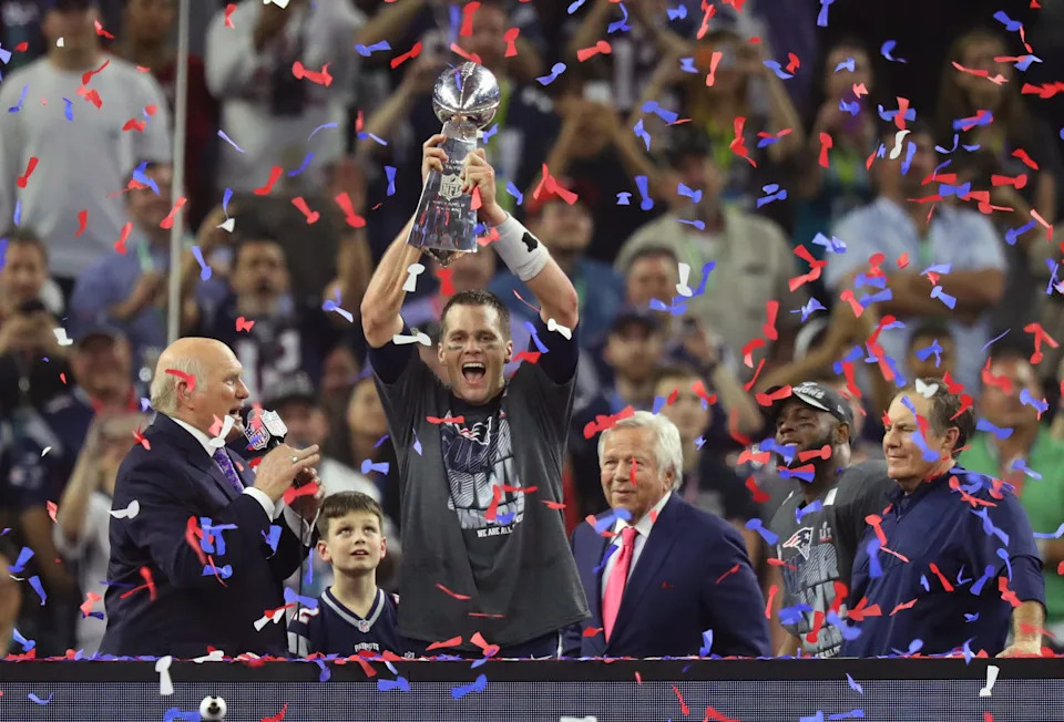 New England Patriots quarterback Tom Brady (12) celebrates with the Vince Lombardi Trophy after winning Super Bowl 51 against the Atlanta Falcons at NRG Stadium in Houston on Feb. 5, 2017.