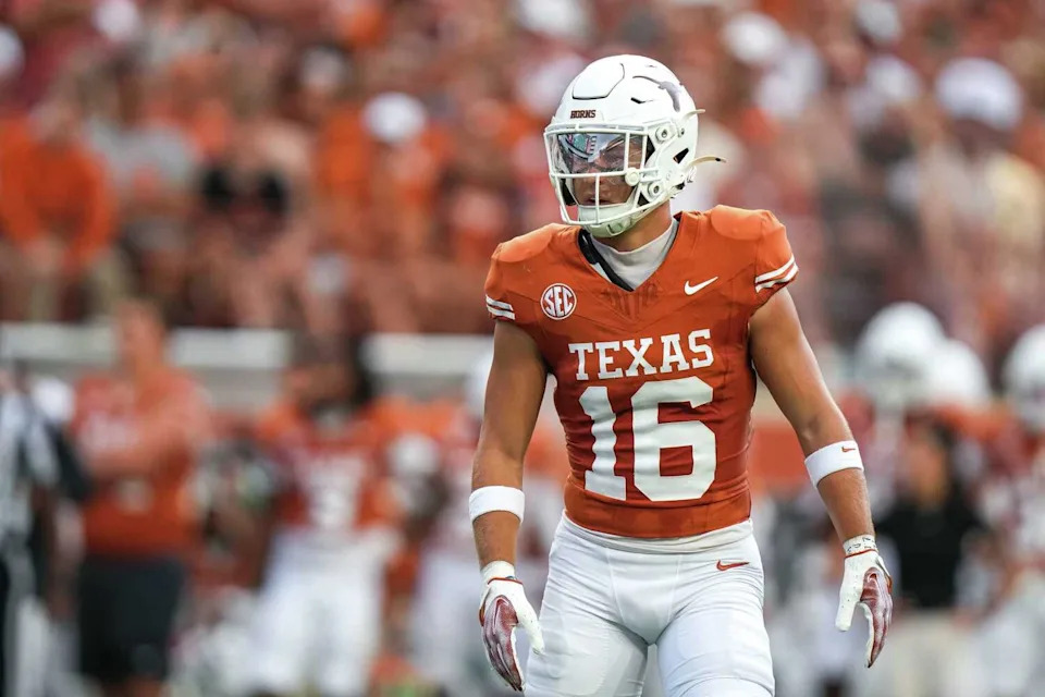 Texas Longhorns defensive back Michael Taffe (16) walks the field during the game against San José State at Darrell K Royal–Texas Memorial Stadium on Saturday, Sept. 6, 2025. (Aaron E. Martinez/Austin American-Statesman)