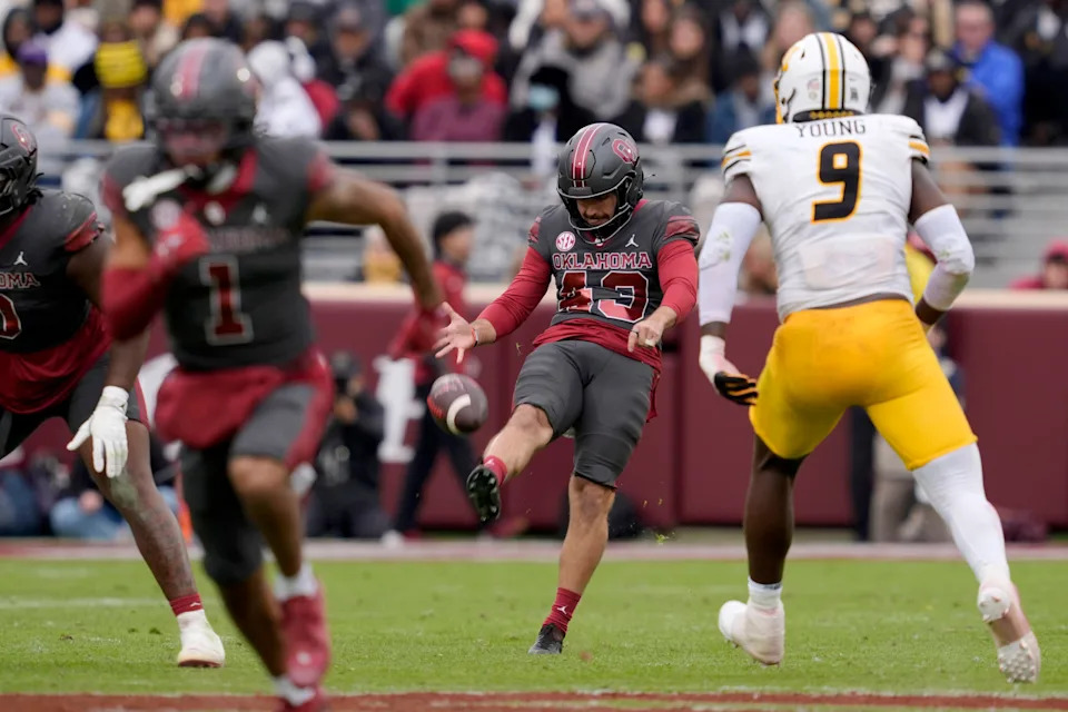 Oklahoma Sooners punter Grayson Miller (43) punts during a college football game between the University of Oklahoma Sooners (OU) and the Missouri Tigers at Gaylord Family Ð Oklahoma Memorial Stadium in Norman, Okla., on Saturday, Nov. 22, 2025. Oklahoma won 17-6.