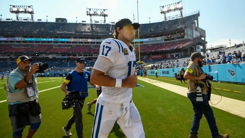 Daniel Jones runs off the field at Nissan Stadium.