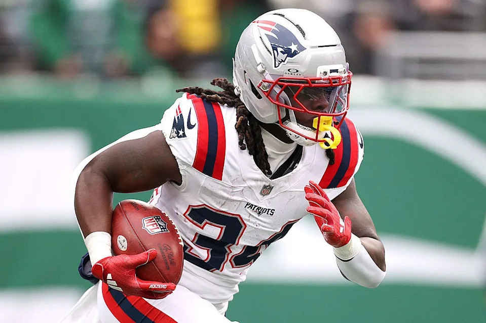 D'Ernest Johnson #34 of the New England Patriots returns a punt during the second quarter against the New York Jets at MetLife Stadium on December 28, 2025 in East Rutherford, New Jersey.