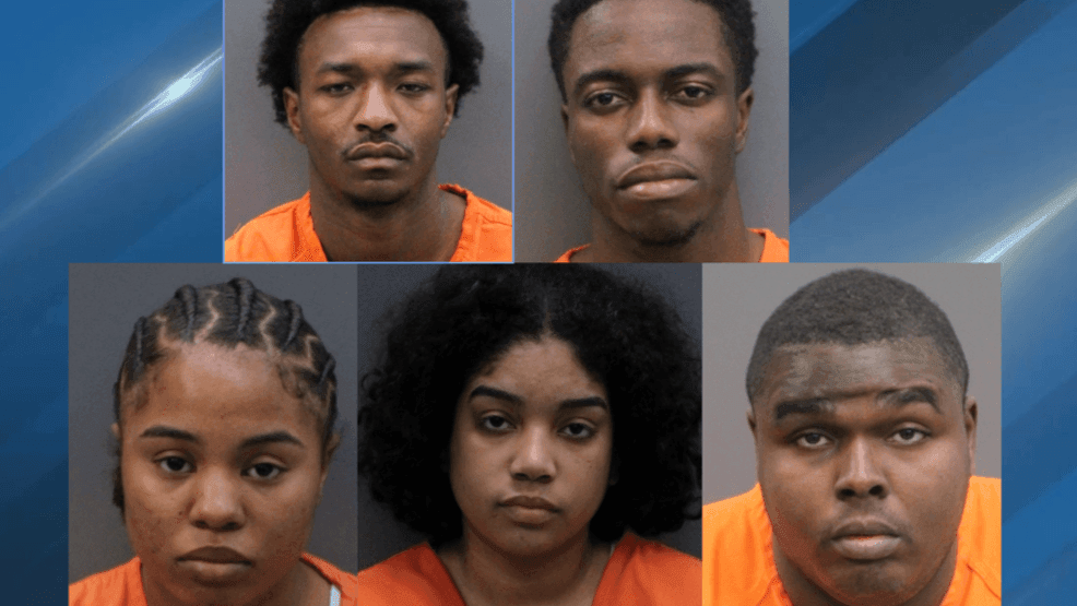 From left to right: Christion Williams (upper left), Boakai Hilton (upper right), Jasmine Randazzo (lower left), Arianna Del Valle (lower center), and Lyndell Hudson II (lower right). All have been arrested and are facing charges tied to a kidnapping and robbery in Tampa, Florida in early February. (Hillsborough County Sheriff's Office/WWMT){p}{/p}