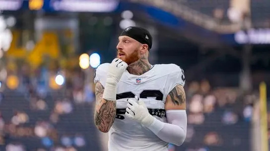 Las Vegas Raiders defensive end, Maxx Crosby (98) getting excited before an NFL football game against the Los Angeles Chargers on November 30, 2025 in Los Angeles, CA.