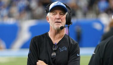 John Fox watches against the Atlanta Falcons during an NFL football game in Detroit, Sunday, Sept. 24, 2023. (AP Photo/Paul Sancya)