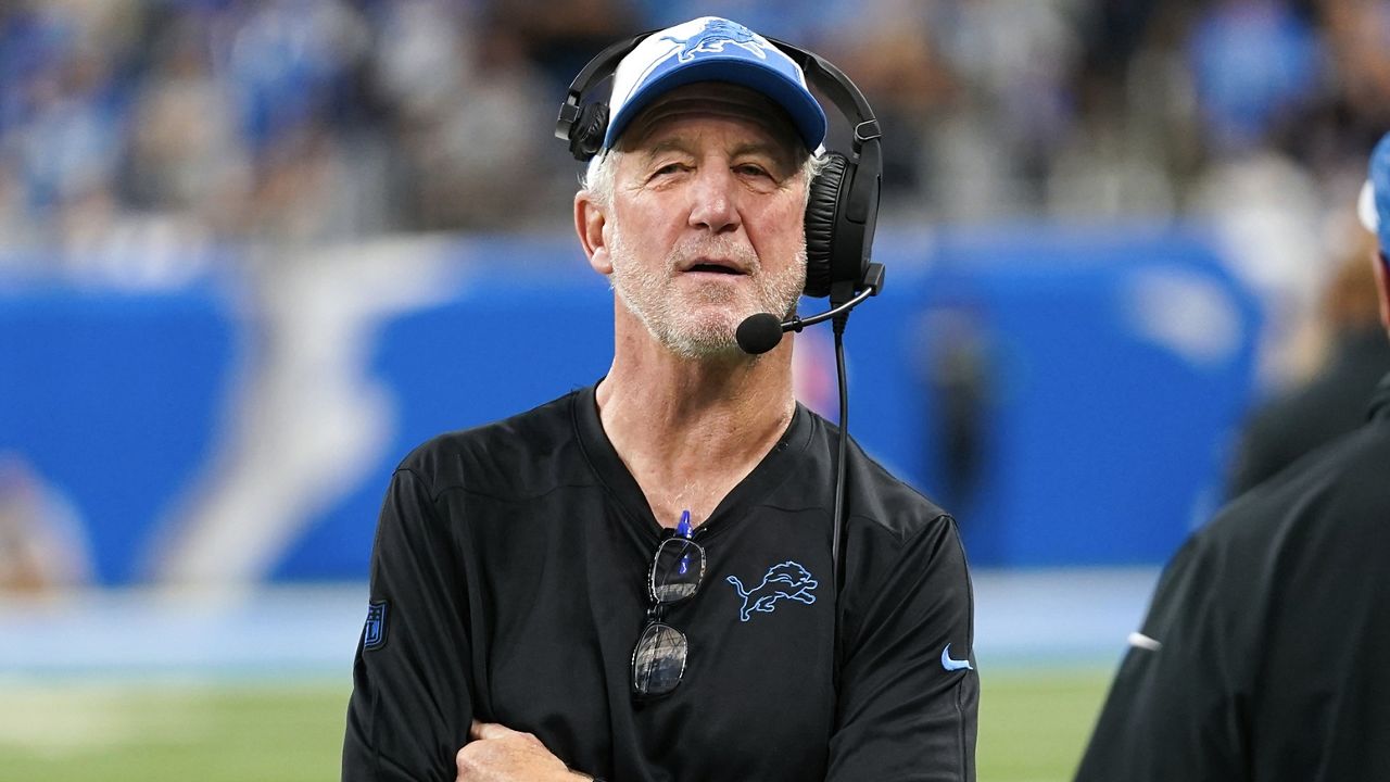 John Fox watches against the Atlanta Falcons during an NFL football game in Detroit, Sunday, Sept. 24, 2023. (AP Photo/Paul Sancya)