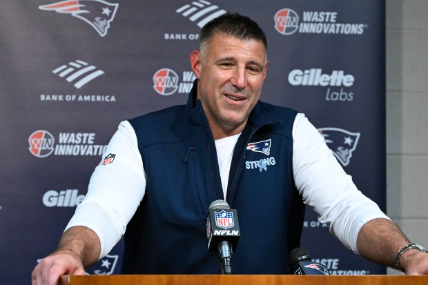 New England Patriots head coach Mike Vrabel speaks to the media during a press conference after a NFL football game against the Tennessee Titans Sunday, Oct. 19, 2025, in Nashville, Tenn. (AP Photo/John Amis)