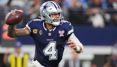 Dallas Cowboys quarterback Dak Prescott (4) prepares to pass during the first half of an NFL football game against the Los Angeles Chargers, Sunday, Dec. 21, 2025, in Arlington, Texas. (AP Photo/Julio Cortez)