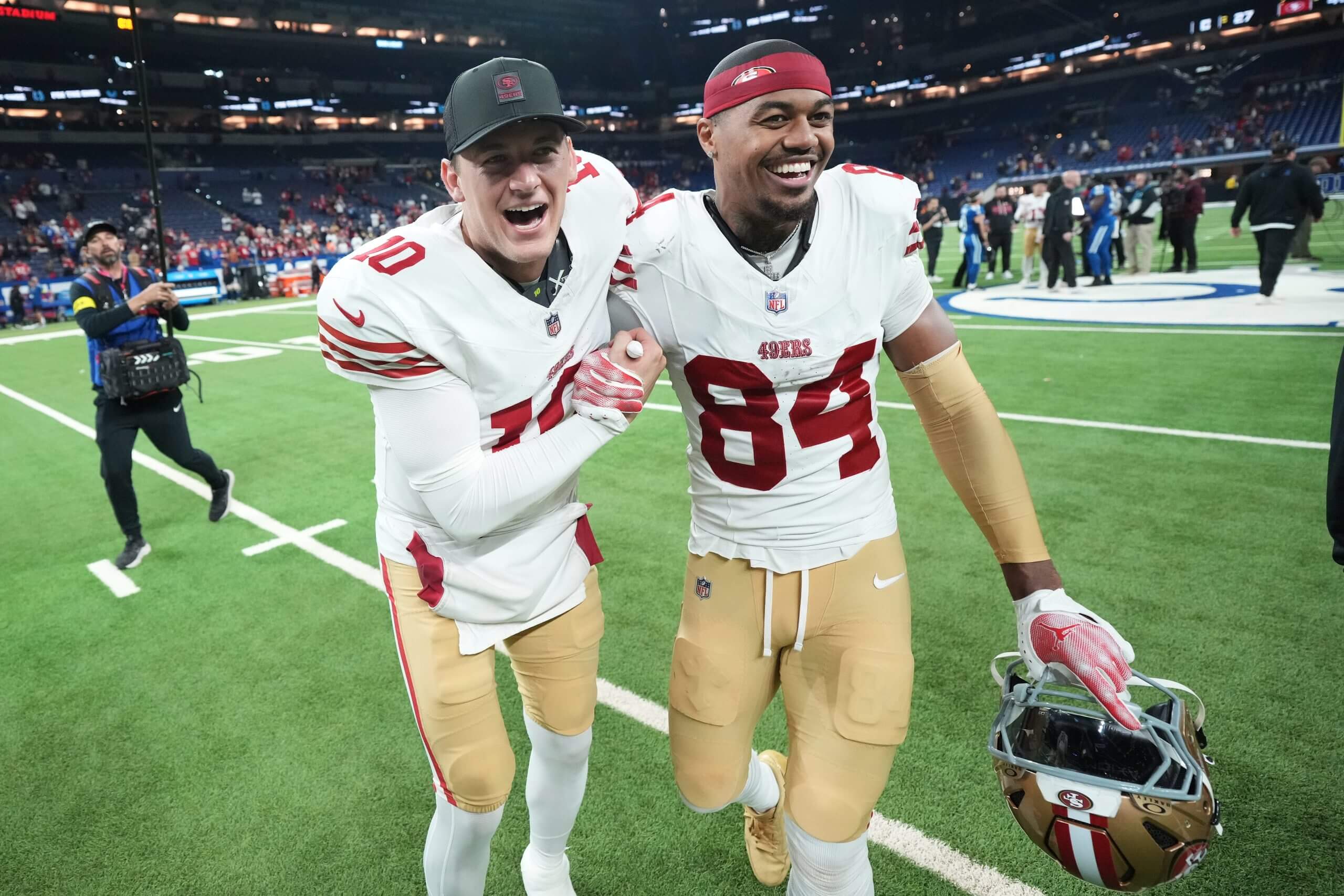 Matt Jones and Kendrick Bourne celebrate a big play.