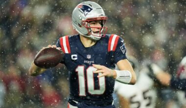 New England Patriots quarterback Drake Maye (10) passes against the Houston Texans during the second half of an NFL divisional playoff football game, Sunday, Jan. 18, 2026, in Foxborough, Mass. (AP Photo/Robert F. Bukaty)