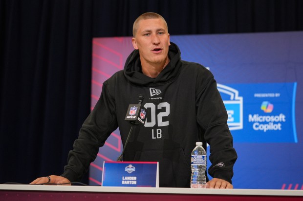 Utah linebacker Lander Barton (02) speaks during a press conference at the NFL football scouting combine in Indianapolis on Wednesday, Feb. 25, 2026. (AP Photo/Michael Conroy)