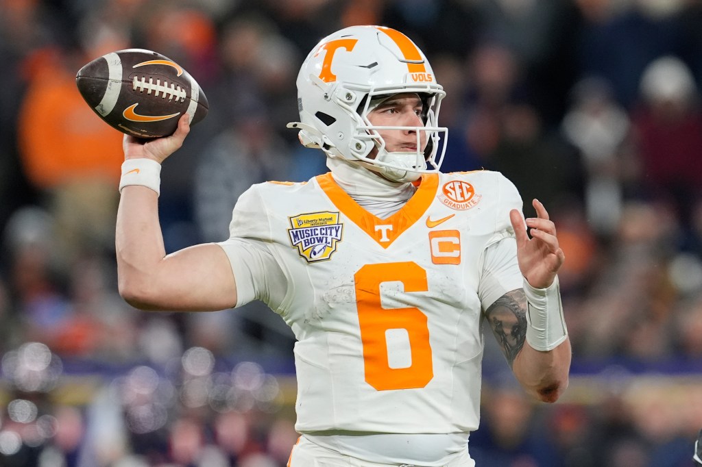 Tennessee quarterback Joey Aguilar (6) looks to throw a pass during the second half of the Music City Bowl NCAA college football game against Illinois, Dec. 30, 2025, in Nashville, Tenn.