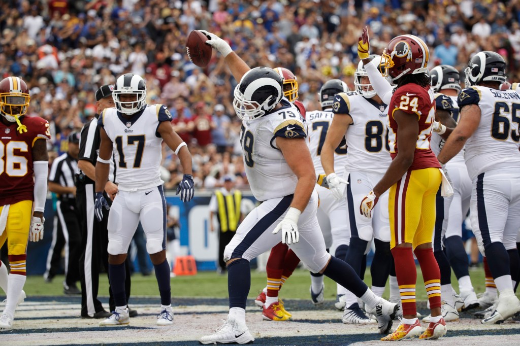  Los Angeles Rams' Rob Havenstein reacts to a play during an NFL football game against the Washington Redskins, Sept. 17, 2017, in Los Angeles. 