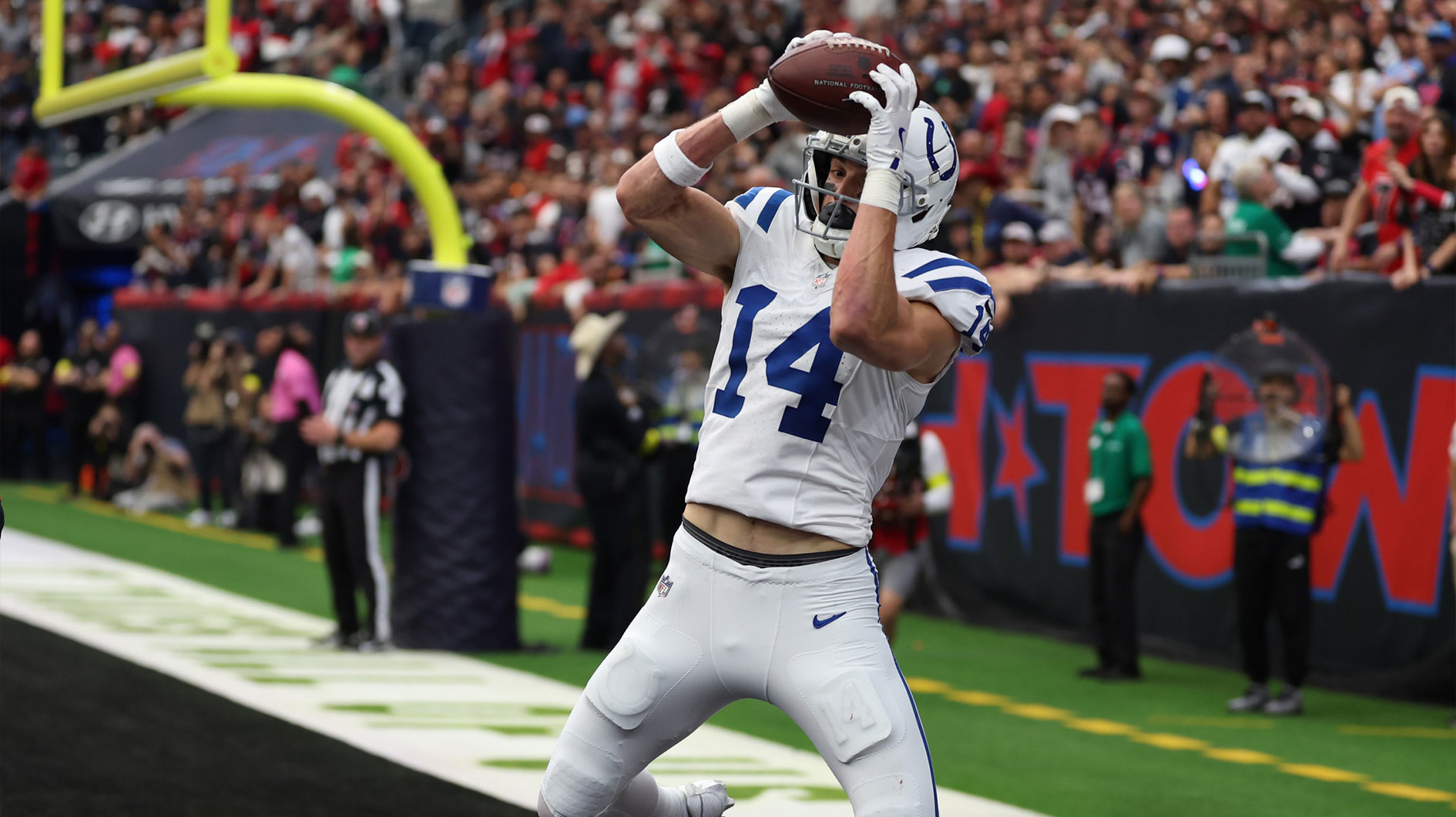 Indianapolis Colts wide receiver Alec Pierce (14) catches a touchdown pass against the Houston Texans during the first half at NRG Stadium.