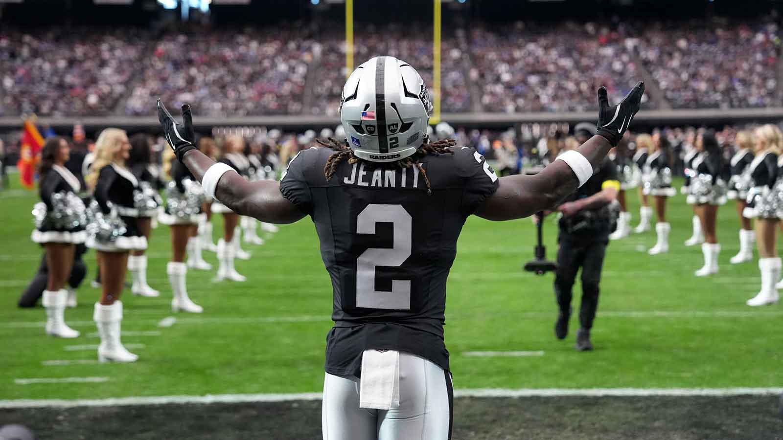 Las Vegas Raiders running back Ashton Jeanty (2) enters the field before the game against the New York Giants at Allegiant Stadium.