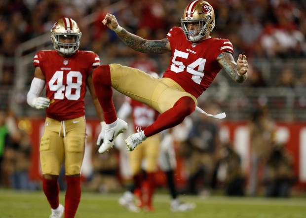 SANTA CLARA, CA - NOVEMBER 1: San Francisco 49ers' Cassius Marsh (54) celebrates a sack against the Oakland Raiders in the second quarter at Levi's Stadium in Santa Clara, Calif., on Thursday, Nov. 1, 2018. (Nhat V. Meyer/Bay Area News Group)