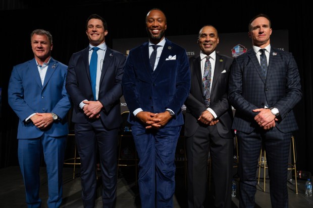 Adam Vinatieri Jr., from left, Luke Kuechly, Larry Fitzgerald, Roger Craig and Drew Brees are introduced during a press conference as the Pro Football Hall of Fame Class of 2026 during NFL Honors Awards held at the Palace of Fine Arts in San Francisco, Calif., on Thursday, Feb. 5, 2026. (Jose Carlos Fajardo/Bay Area News Group)