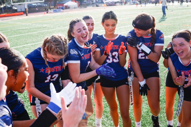 Wedemeyer South celebrates after winning against Wedemeyer North in flag football at Los Gatos High School in Los Gatos, Calif., on Saturday, Jan. 31, 2026. (Shae Hammond/Bay Area News Group)