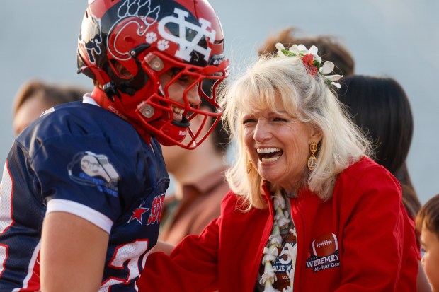 Wedemeyer South's Kingston Jourdan (22) is greeted by Lucy Wedemeyer at Los Gatos High School in Los Gatos, Calif., on Saturday, Jan. 31, 2026. (Shae Hammond/Bay Area News Group)