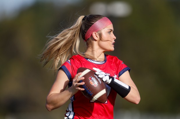 Wedemeyer North's Madison Rudd (17) looks to throw the ball against Wedemeyer South in the first quarter at Los Gatos High School in Los Gatos, Calif., on Saturday, Jan. 31, 2026. (Shae Hammond/Bay Area News Group)