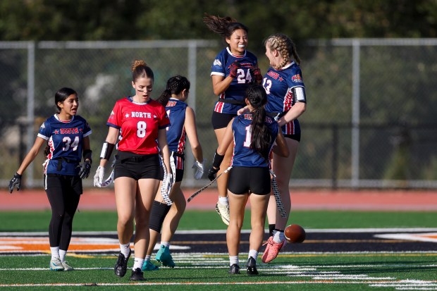 Wedemeyer South celebrates a touchdown scored by Wedemeyer South's Peyton Pascual (24) against Wedemeyer North in the fourth quarter at Los Gatos High School in Los Gatos, Calif., on Saturday, Jan. 31, 2026. (Shae Hammond/Bay Area News Group)