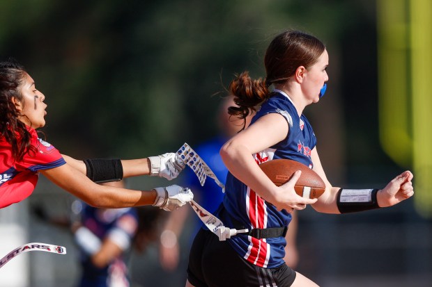 Wedemeyer South's Gabriella (Gigi) Gonzalez (2) runs with the ball against Wedemeyer North's Melia Morales (9) in the second quarter at Los Gatos High School in Los Gatos, Calif., on Saturday, Jan. 31, 2026. (Shae Hammond/Bay Area News Group)
