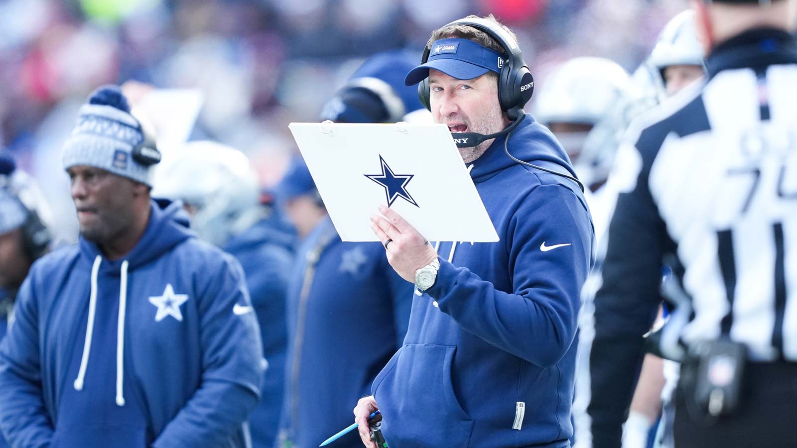 Dallas Cowboys head coach Brian Schottenheimer looks on during the second quarter against the New York Giants at MetLife Stadium.